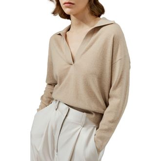 LilySilk Womens V Neck Cashmere Polo Sweater in Beige at Nordstrom, Size Large