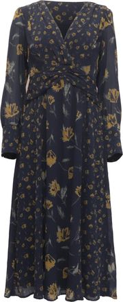 BA&SH Ba & Sh Finaya Floral-Print Long Sleeve Midi Dress in Navy Blue Polyester