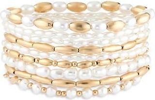Tasha 9-Piece Mixed Faux Pearl Bead Stretch Bracelet Set in Gold/ivory at Nordstrom Rack