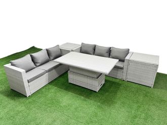 Fimous 5 PCs Rising Dining Table Set Rattan Furniture Set with 3 Seater Sofa in Light Grey