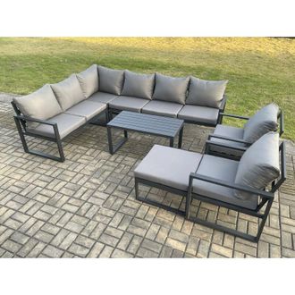 Fimous Fimous Aluminium Garden Furniture Set Outdoor Indoor Lounge Corner Sofa 2 Pcs Chair Oblong Coffee Table Sets with Big Footstool Dark Grey