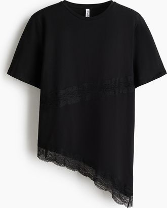 H&M T-Shirt mit Spitzenbesatz - Schwarz