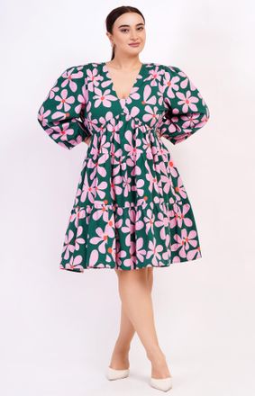Leota Zariah Empire Waist Mini Dress Dancing Daisies Evergreen