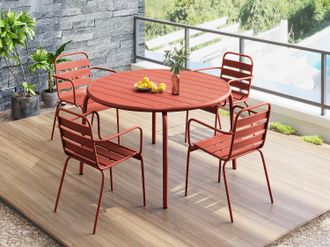 Vente-Unique Sala da pranzo da giardino in Metallo Terracotta MIRMANDE: un tavolo D.110cm e 4 poltrone impilabili