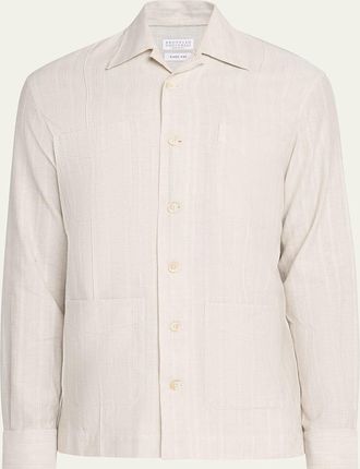 Brunello Cucinelli Mens Cotton and Linen Stripe Button-Down Shirt