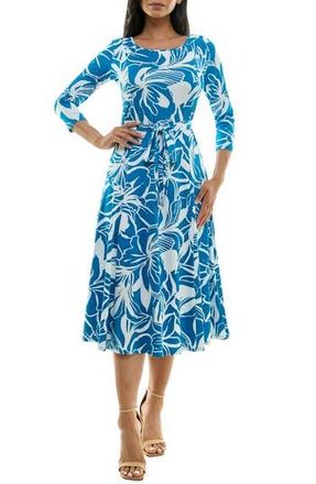 Nina Leonard Crewneck Three-Quarter Sleeve Midi Dress in Jaybird/White at Nordstrom Rack, Size Large