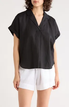 Eileen Fisher Notch Collar Short Sleeve Organic Linen Top in Black at Nordstrom Rack, Size Xx-Small