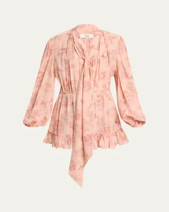 Chlo&eacute; Long-Sleeve Bouquet Print Silk Dress