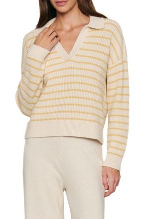 Eberjey Coastal Stripe Cotton Blend Polo Sweater in Stripe Almond Heather/Sunbeam at Nordstrom, Size X-Small
