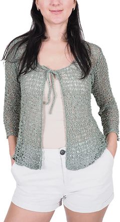 Mimosa Ladies Popcorn Style Crochet Plain Stretch Fish Net Tie at Waist Bolero Shrug Open Cardigan (One Size, Smoke Green Cardigan)