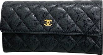 Chanel Black Grained Calfskin Long Wallet (Bi-Fold) (Pre-Owned)