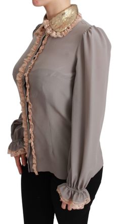 Dolce & Gabbana Gray Silk Gold Sequin Lace Blouse Womens Shirt