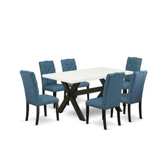 East West Furniture 7-Piece Stylish Dining Room Table Set an Outstanding Linen White rectangular Table Top and 6 Beautiful Linen Fabric Parson Chairs