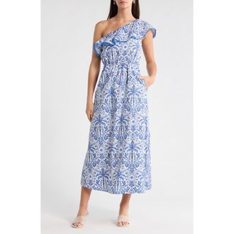Sugarlips Romina Tropical Print One-Shoulder Cotton Dress in Blue-White-Multi at Nordstrom, Size X-Large