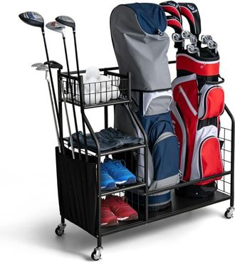 Costway Costway - Estante De Almacenamiento Para Bolsa De Golf En Garaje, Organizador Doble De Bolsa De Golf Con Ruedas Universales Bloqueables, Organizador D