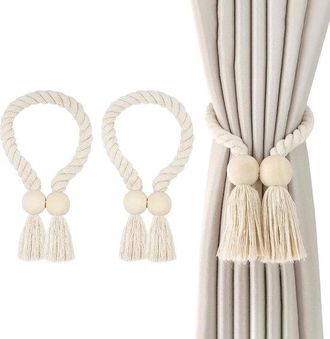 No Brand 2 Soportes Magn&eacute;ticos Para Cinta De Cortina - Cord&oacute;n De Cortina Tejido A Mano, Decoraci&oacute;n Bohemia, Algod&oacute;n Natural - Beige