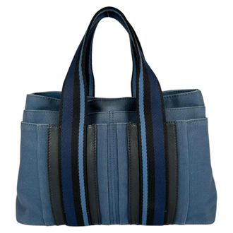 Herm&egrave;s Black Blue Canvas Handbag Tote Bag (Pre-Owned)