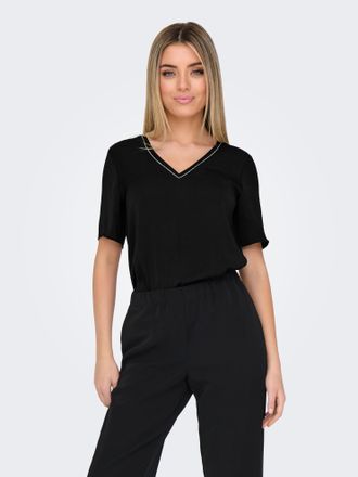 Only V-Shirt ONLY ONLAVA LIFE S/S CHAIN V-NECK TOP JRS, Damen, Gr. XS (34), schwarz (schwarz detail:rhinestone chain), Jersey, Obermaterial: 65% Polyester,