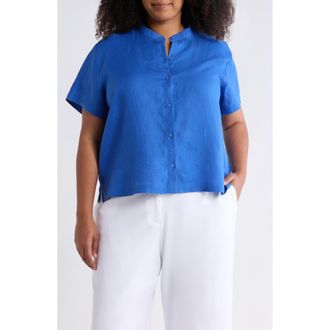 Eileen Fisher Mandarin Collar Short Sleeve Organic Linen Button-Up Shirt in Sapphire at Nordstrom, Size 1X