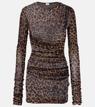 Saint Laurent Leopard-print ruched tulle minidress