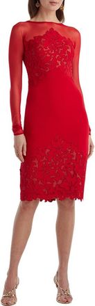 Tadashi Shoji Illusion Neck Laser Cut Long Sleeve Mesh Cocktail Dress in Cherry/Nude at Nordstrom, Size 16