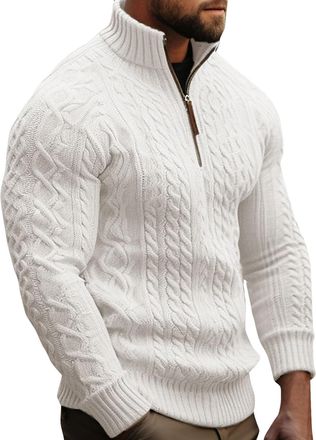 Generic Mens Winter Cable Zipper Turtleneck Pullover Sweater, Turtle Neck Ribbed Knitted Jumper Quarter Zip Cable Knit Sweater (White,XL)