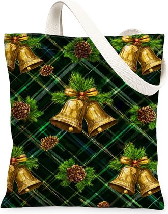 Generic Holiday Canvas Tote Bags, Festive Pinecones and Bell Pattern Reusable Shopping Bags, Classic Rustic Lightweight Washable Shoulder Strap Canvas for Gym