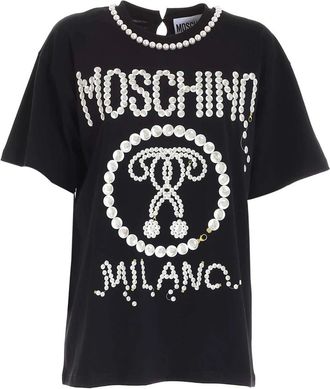 Moschino Pearls Double Question Mark Logo T-Shirt - female - Moschino - T-Shirts - Black - XS - Tops