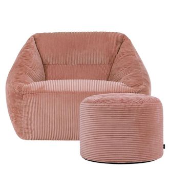 Icon Brand Corduroy Bean Bag Armchair & Round Beanbag Footstool in Pink