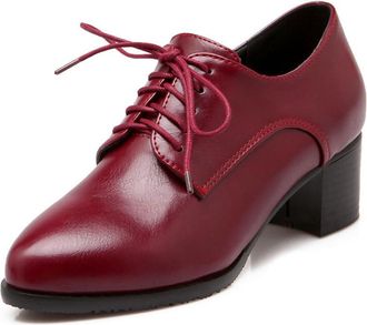 Generic Womens Pointed Toe Oxford Shoes Mid Chunky Lace Up Heels Vintage Wingtip Oxfords Pumps Retro Brogues Dress Shoes,Wine Red,4.5 UK