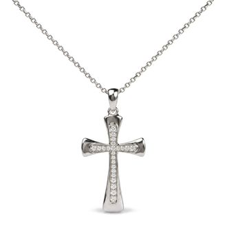 House of Brilliance 925 Sterling Silver 1/10 Cttw Round Diamond Cross Pendant Necklace