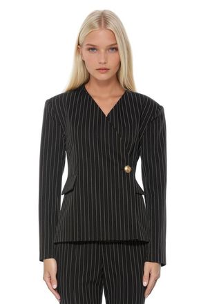 Alexia Admor Alira Single Button Wrap Blazer in Black Pinstripe at Nordstrom, Size 14