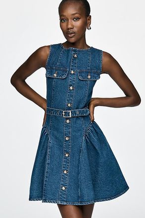 Avec Les Filles Sleeveless Belted Denim Mini Dress