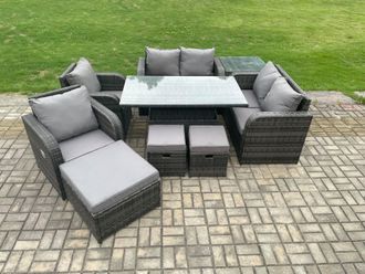 Fimous PE Rattan Garden Furniture Set Height Adjustable Rising lifting Dining Table Chair Love Sofa With Side Table in Dark Grey
