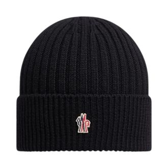 Moncler Accessoires, unisex, Zwart, ONE Size, Wol, Ribgebreide Wollen Beanie Zwart