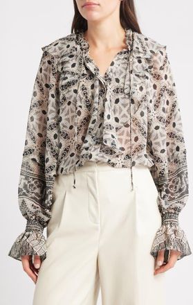 Kobi Halperin Eliza Batik Print Ruffle Top in Ivory Multi at Nordstrom, Size X-Small