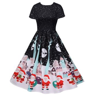 Generic Women Christmas Dress 1950s Audrey Hepburn Tea Dress Vintage Rockabilly Dress A Line Swing Cocktail Party Dress Short Sleeve V Neck Retro Dresses Swin