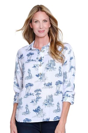 Multiples Roll Tab Cuff Long Sleeve High-Low Shirt Top - Plus In Chambray Print