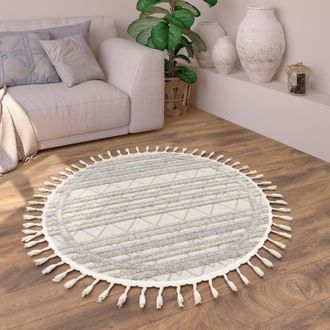 Paco Home Paco Home Alfombra Salon De Habitacion Pelo Corto Boho Chic Etnica Nordica Rombo 3d Flecos &Oslash; 120 Cm Redon, Crema 3
