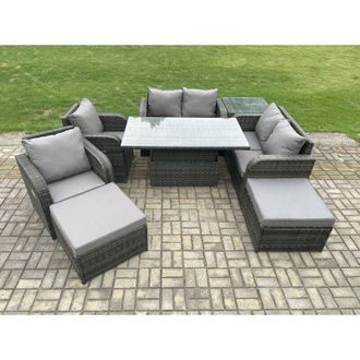 Fimous 8 Seater Rattan Furniture Garden Dining Set Outdoor Height Adjustable Rising lifting Table Love Sofa Chair With Side Table 3 Footstools - Fimous