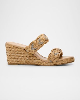 Stuart Weitzman Lana Raffia Crystal Wedge Slide Sandals