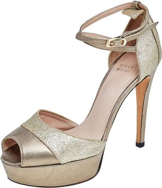 Stuart Weitzman Gold Leather And Glitter Ankle Strap Sandals