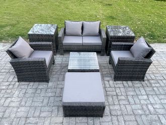 Fimous 5 Seater Outdoor Garden Furniture High Back Rattan Sofa Set with Square Coffee Table Big Footstool Dark Grey Mixed