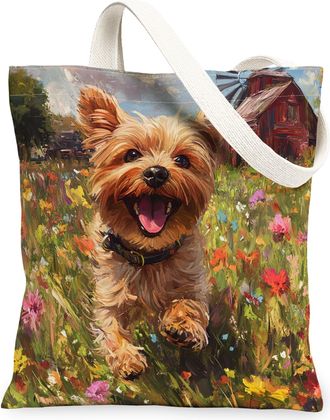 Generic Spring Yorkie Dog Canvas Tote Bag for Shopping 13x15, Country Garden Puppy Reusable Grocery Print Pattern Bag for Women, Fun Flower Pet Beach Aestheti