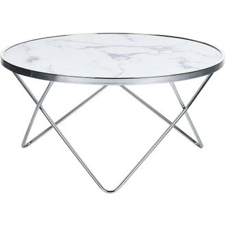 Beliani Mesa De Centro Tablero De Cristal Templado Con Efecto M&aacute;rmol Blanco Patas De Horquilla De Metal Plateado Forma Redonda Meridian Ii