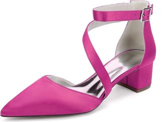 Generic Womes Wedding Bridal Pointed Toe Low Chunky Heels Satin Block Ankle Strap Pumps Party Dress Shoes 4.5 Cm,Fuchsia,10 UK