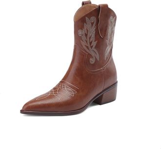 Generic Womens Mid-Calf PU Leather Cowboy Boots Metallic Embroidery Pull Tab Pointed Toe Low Block Heels Slip On Soft Lining Durable Outsole,Camel,3.5 UK