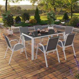IDMarket Set di mobili da giardino MADRID tavolo 150 CM e 6 sedie impilabili bianco e grigio