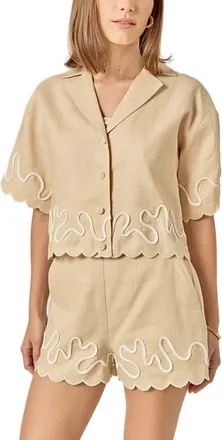 English Factory Wavy Embroidered Crop Linen Shirt in Beige/Off White at Nordstrom, Size X-Small
