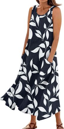 Generic Summer Dresses Size 22 Casual Flowy Loose Floral Print Crew Neck Sleeveless Dresses Maxi Tank Dress with Pockets Dress for Wedding (Black, XXL